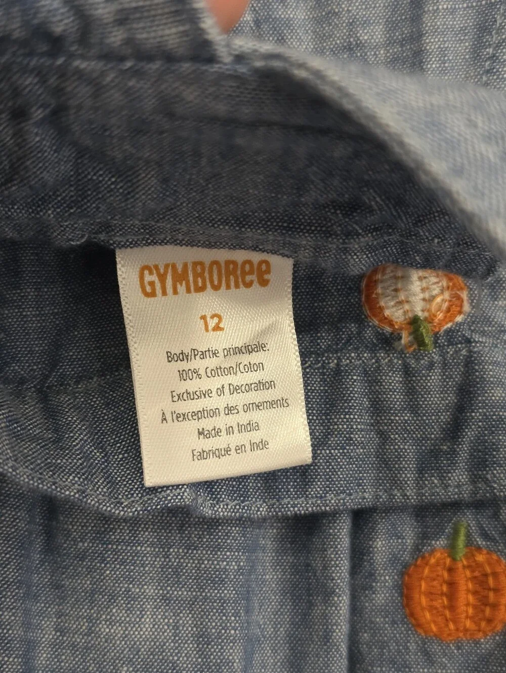 Gymboree Girls Blue Chambray Pumpkin-Embroidered Pinafore Overalls Jumper Dress
